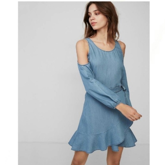 Express Cold Shoulder Cute Casual Denim Wrap Dress - Picture 4 of 6